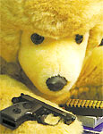 Urso e arma mostrados pela Promotoria