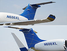 Imagem (acima) mostra Legacy avariado aps choque com Boeing; abaixo, aeronave normal