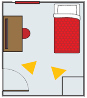 Certo: Neste quarto, a cama est em diagonal com a porta, e a janela no se encontra diante da porta