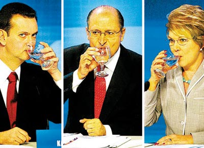 <b>DEBATE AGUADO:</b> Gilberto Kassab ( esq.), Geraldo Alckmin e Marta Suplicy durante debate na TV
