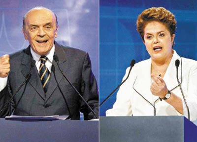 Os candidatos Jos Serra (PSDB) e Dilma Rousseff (PT), que protagonizaram o maior duelo da campanha, em debate ontem