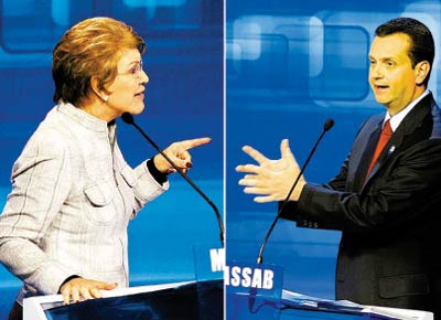 Os candidatos  Prefeitura de So Paulo, Marta Suplicy (PT) e Gilberto Kassab (DEM), em debate na noite de ontem feito pela Band