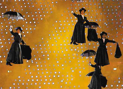Atores vestidos como Mary Poppins 'flutuam' no Estdio Olmpico durante a cerimnia