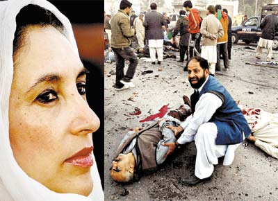 Benazir Bhutto momentos antes de ser assassinada;  dir., simpatizante da ex-premi pede socorro para homem ferido no atentado