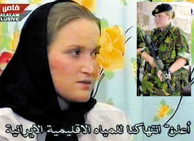 Presa pelo Ir no golfo Prsico, a britnica Faye Turney concede entrevista  TV iraniana; no destaque, a militar em outra operao