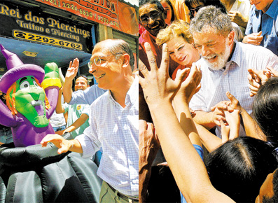 Com camisas similares, os candidatos encerram suas campanhas; Alckmin caminha no Rio, e Lula, com Marisa, em So Bernardo