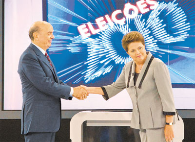 Jos Serra e Dilma Rousseff no debate da Globo, ltimo antes do 2 turno; campanha pautada pela virulncia acabou com discusso morna