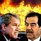 Os presidentes George W. Bush (EUA,  esq.) e Saddam Hussein (Iraque). Os EUA acusam o lder iraquiano de possuir armas proibidas.<br> Bagd nega