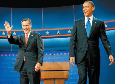 Mitt Romney e Barack Obama em Denver, no primeiro debate presidencial; os candidatos discutiram sobre como cortar o deficit e cuidar de programas sociais