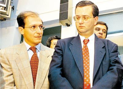 Alckmin e Kassab juntos 14 anos atrs, em evento de apoio  candidatura de Mrio Covas ao governo de So Paulo