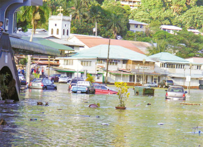 Inundao em Fagatogo (Samoa Americana) provocada pelo terremoto na regio sul do Pacfico, que atingiu 8,3 na escala Richter